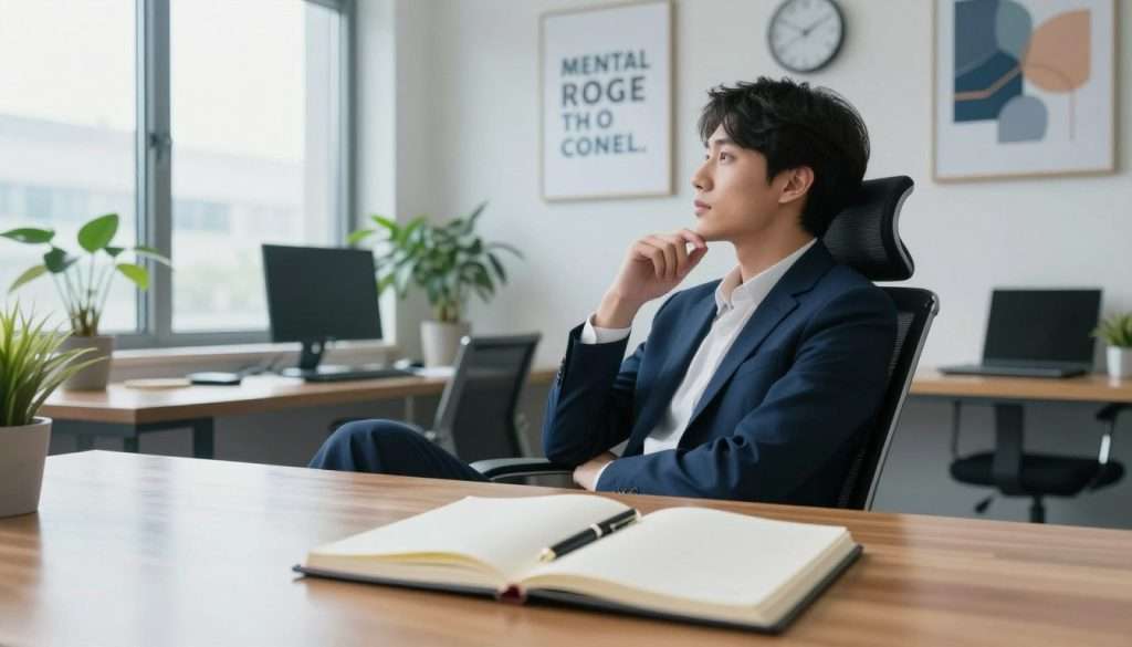 A serene workspace focused on enhancing mental clarity. In the foreground, a polished wooden desk with an open notebook and a stylish pen, symbolizing organization and thought. In the middle, a young professional in business attire, seated in a modern office chair, gazing thoughtfully at a wall adorned with motivational quotes and abstract art that inspires creativity. In the background, large windows let in soft, natural light illuminating the space, creating a calming atmosphere. Lush indoor plants add a touch of nature, while a digital clock softly ticks, enhancing the sense of focus. The color palette features cool blues and warm whites, fostering a peaceful yet productive vibe, captured with a slight depth of field to emphasize the clarity of thought in the scene. A serene workspace focused on enhancing mental clarity. In the foreground, a polished wooden desk with an open notebook and a stylish pen, symbolizing organization and thought. In the middle, a young professional in business attire, seated in a modern office chair, gazing thoughtfully at a wall adorned with motivational quotes and abstract art that inspires creativity. In the background, large windows let in soft, natural light illuminating the space, creating a calming atmosphere. Lush indoor plants add a touch of nature, while a digital clock softly ticks, enhancing the sense of focus. The color palette features cool blues and warm whites, fostering a peaceful yet productive vibe, captured with a slight depth of field to emphasize the clarity of thought in the scene.