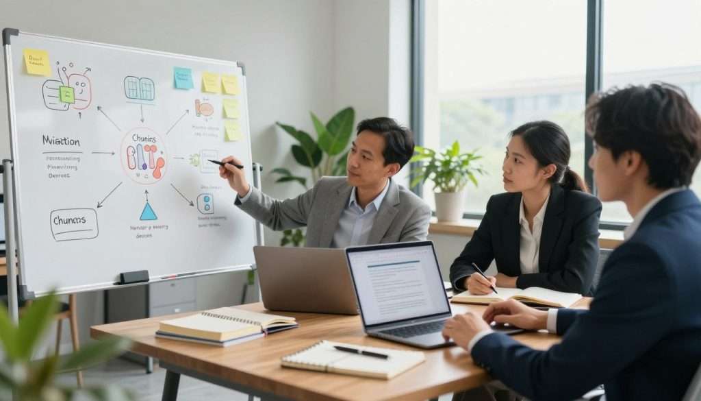 A serene workspace setting, featuring a diverse group of three professionals in business attire, deeply engaged in a collaborative brainstorming session about mnemonic devices. In the foreground, a large whiteboard displays colorful diagrams and illustrations of various memory techniques like acronyms, visualization, and chunking. The middle includes a wooden table strewn with notebooks, sticky notes, and a laptop showcasing an open document on memory improvement strategies. The background captures a bright, airy office filled with plants, large windows, and soft, natural lighting that creates an inspiring atmosphere. The image should convey a sense of focus, creativity, and the exchange of ideas while emphasizing the effective use of mnemonic devices for memory enhancement.
