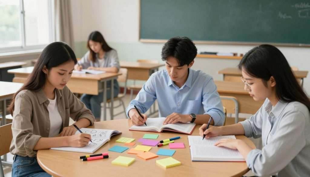 A spacious college classroom set up with wooden desks and a chalkboard in the background, bathed in soft, natural light coming through large windows. In the foreground, a diverse group of three students sits at a round table, engaged in taking notes using various memory techniques. One student, a young woman wearing smart casual attire, is sketching mind maps in a notebook. Another student, a young man in a crisp shirt, is highlighting key points from a textbook. A third student, a woman with glasses, uses colorful index cards to summarize information. On the table, there are vibrant stationery items like pens, highlighters, and sticky notes scattered around, creating a lively and creative atmosphere. The mood is focused yet collaborative, highlighting effective study habits and note-taking strategies.