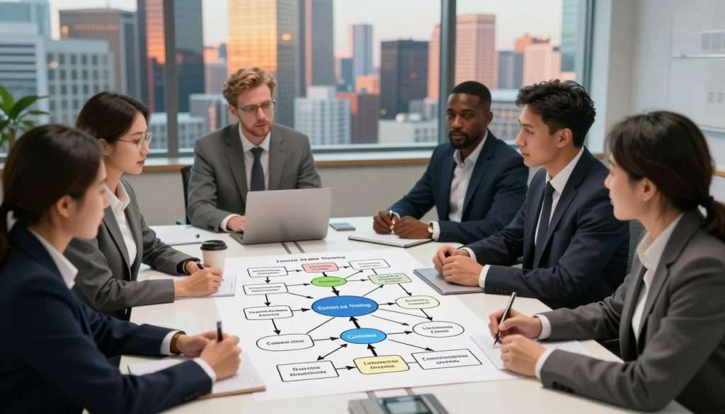 A split scene depicting logical reasoning and critical thinking techniques. In the foreground, a diverse group of professionals in business attire—caucasian, black, and Asian individuals—are seated around a modern conference table, intently discussing a complex flowchart illustrating second-order thinking. The middle area features detailed diagrams with arrows and interconnected ideas, showcasing the consequences of various decisions. In the background, a large window reveals a vibrant cityscape, symbolizing a dynamic environment where critical thinking thrives. The lighting is soft and warm, with a focus on the faces of the participants, enhancing the atmosphere of collaboration and intellectual engagement. The angle should be slightly elevated, capturing both the interaction at the table and the stimulating visuals behind them.