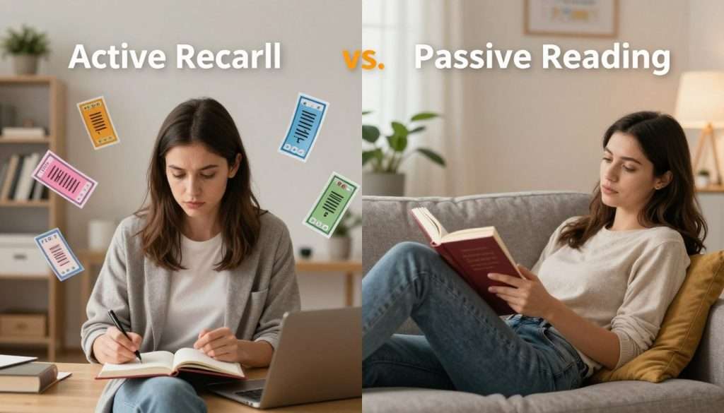 A split-screen image illustrating "Active Recall vs. Passive Reading." On the left (foreground), a young professional woman in smart casual attire engages with study materials, actively taking notes, with a look of concentration and determination. Various colorful flashcards float around her, symbolizing active recall. The background features a well-lit home office setup with bookshelves and plants. On the right (foreground), another woman in comfortable, modest clothing leans back on a couch, casually flipping through a textbook, appearing relaxed but distracted. Her surroundings are cozy and warm, with soft lighting and cushions. The mood should contrast the focused, dynamic energy of active recall versus the passive, laid-back vibe of passive reading, emphasizing the difference in study approaches.