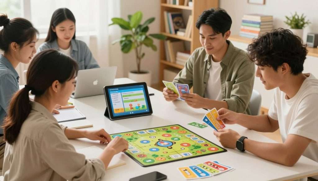 A study scene depicting a diverse group of young adults engaged in various gamified study methods. In the foreground, a woman wearing modest casual clothing is enthusiastically playing an educational board game, while a man beside her analyzes flashcards with vibrant colors. In the middle, a table displays an array of modern learning tools, such as digital tablets showing interactive quizzes and game-like applications, all set in an inviting study space filled with greenery. The background features a bright, airy room with shelves filled with books and educational resources. Soft, warm lighting bathes the scene, creating a comfortable and motivating atmosphere, captured from a slight overhead angle to emphasize engagement and collaboration in learning. A study scene depicting a diverse group of young adults engaged in various gamified study methods. In the foreground, a woman wearing modest casual clothing is enthusiastically playing an educational board game, while a man beside her analyzes flashcards with vibrant colors. In the middle, a table displays an array of modern learning tools, such as digital tablets showing interactive quizzes and game-like applications, all set in an inviting study space filled with greenery. The background features a bright, airy room with shelves filled with books and educational resources. Soft, warm lighting bathes the scene, creating a comfortable and motivating atmosphere, captured from a slight overhead angle to emphasize engagement and collaboration in learning.