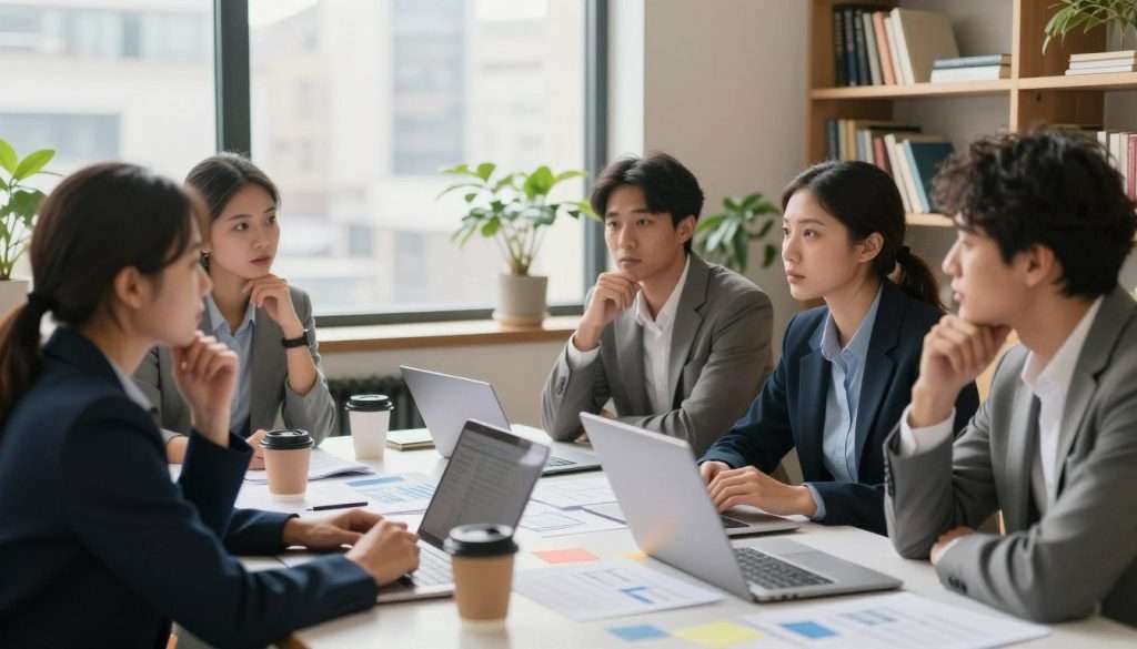 A thoughtful scene depicting critical thinking in everyday life. In the foreground, a diverse group of individuals, dressed in professional business attire, engage in a discussion around a table cluttered with papers, coffee cups, and laptops, highlighting an active brainstorming session. In the middle ground, a window reveals a sunny cityscape, fostering an atmosphere of productivity and inspiration. Soft, natural lighting filters through, illuminating their focused expressions and encouraging collaborative problem-solving. In the background, shelves filled with books and plants add warmth and intellectual ambiance. The mood is dynamic and engaging, emphasizing the importance of critical thinking in tackling common challenges. A thoughtful scene depicting critical thinking in everyday life. In the foreground, a diverse group of individuals, dressed in professional business attire, engage in a discussion around a table cluttered with papers, coffee cups, and laptops, highlighting an active brainstorming session. In the middle ground, a window reveals a sunny cityscape, fostering an atmosphere of productivity and inspiration. Soft, natural lighting filters through, illuminating their focused expressions and encouraging collaborative problem-solving. In the background, shelves filled with books and plants add warmth and intellectual ambiance. The mood is dynamic and engaging, emphasizing the importance of critical thinking in tackling common challenges.