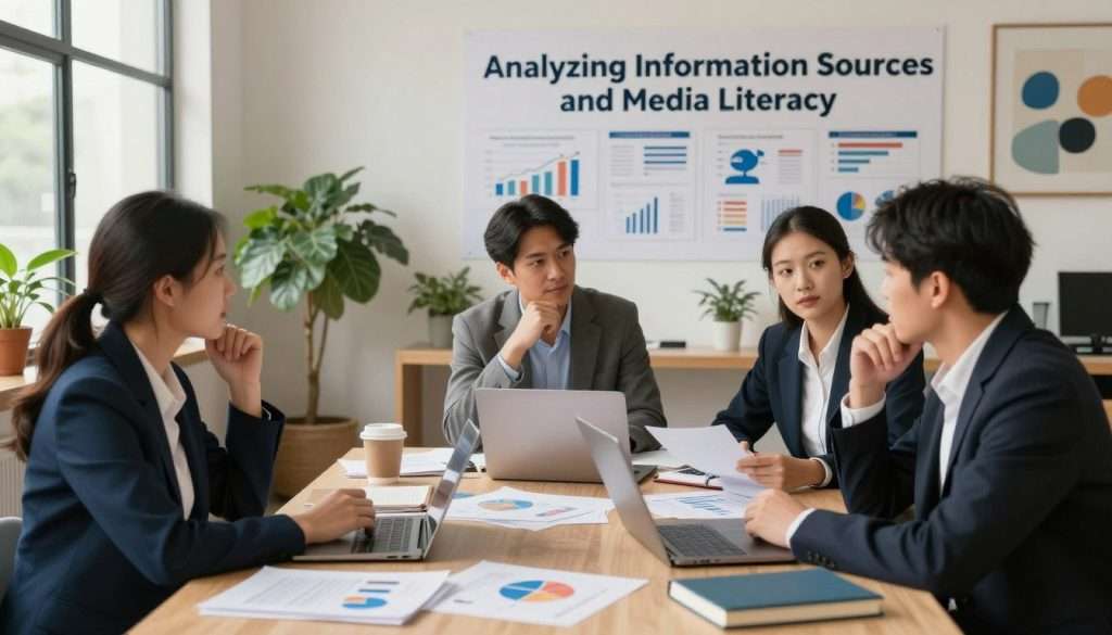 A thoughtful scene depicting the theme of "Analyzing Information Sources and Media Literacy." In the foreground, a diverse group of three professionals, dressed in smart business attire, engages in a discussion around a large table filled with various papers, laptops, and books featuring graphs and charts. The middle ground showcases a wall filled with infographics and visual data representations, emphasizing critical analysis. In the background, soft light filters through large windows, casting a warm glow on a cozy, well-organized office space filled with plants and abstract art. The atmosphere is focused and collaborative, encouraging the viewer to reflect on the importance of discernment in information consumption. The image should be bright and inviting, capturing the essence of learning and engagement in media literacy.