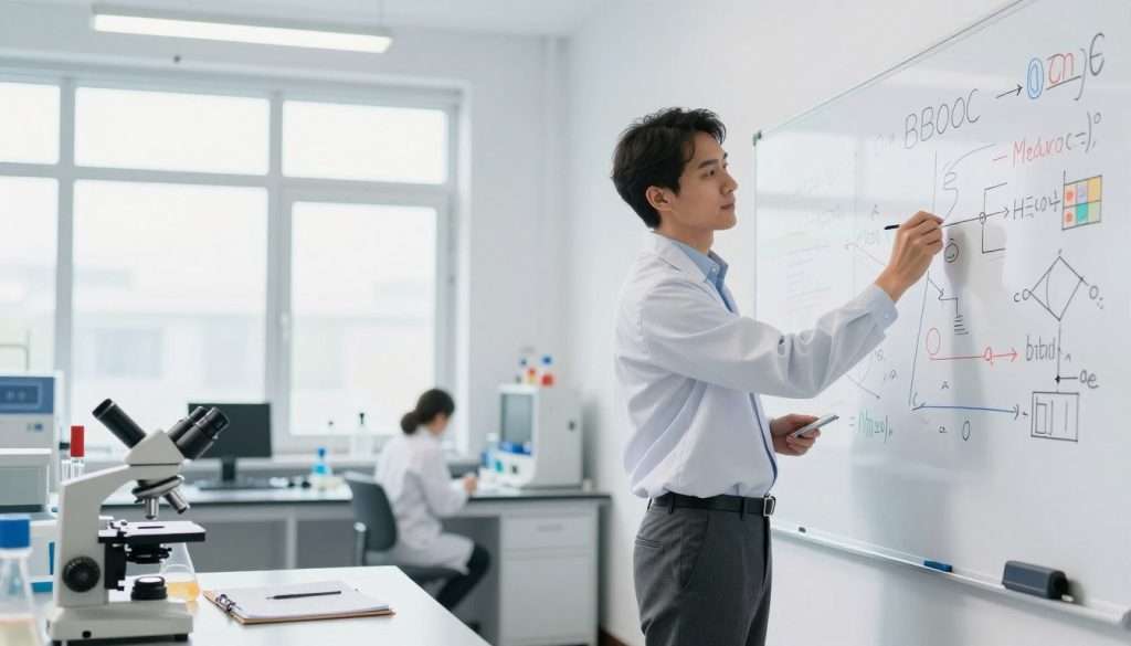 A thoughtful scientist stands at a modern whiteboard filled with colorful diagrams and equations in a bright, airy lab. In the foreground, the scientist, dressed in professional attire, is erasing a section of the board, symbolizing the process of iterating based on feedback. The middle ground showcases a variety of scientific tools, such as microscopes and notepads, conveying an active problem-solving environment. In the background, large windows allow soft natural light to illuminate the scene, creating an atmosphere of inspiration and focus. The lens angle is slightly from below, giving the scientist a dynamic presence, while a gentle depth of field blurs the distractions, emphasizing the central theme of problem-solving and adaptation. The mood is optimistic and driven, capturing the essence of critical thinking and continuous improvement. A thoughtful scientist stands at a modern whiteboard filled with colorful diagrams and equations in a bright, airy lab. In the foreground, the scientist, dressed in professional attire, is erasing a section of the board, symbolizing the process of iterating based on feedback. The middle ground showcases a variety of scientific tools, such as microscopes and notepads, conveying an active problem-solving environment. In the background, large windows allow soft natural light to illuminate the scene, creating an atmosphere of inspiration and focus. The lens angle is slightly from below, giving the scientist a dynamic presence, while a gentle depth of field blurs the distractions, emphasizing the central theme of problem-solving and adaptation. The mood is optimistic and driven, capturing the essence of critical thinking and continuous improvement.