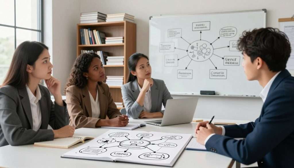 A thoughtful, serene workspace featuring a diverse group of three students, one Asian male and two females (one Black and one Caucasian), dressed in professional business attire, engaged in a lively discussion around a large table. In the foreground, an open notebook filled with diagrams and connected ideas illustrates logical reasoning. In the middle, a whiteboard with flowcharts and mind maps hangs on the wall, showcasing connections between various concepts. The background is filled with bookshelves stacked with educational materials and soft lighting from a large window, creating an inspirational atmosphere. All elements contribute to a mood of collaboration and intellectual curiosity, inviting the viewer to think critically and connect ideas creatively. The lens captures the scene at a slightly elevated angle, emphasizing the students' engagement and interaction.
