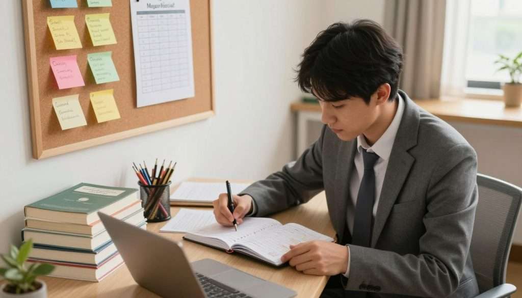 A thoughtful study environment featuring a focused student in professional business attire sitting at a well-organized desk. In the foreground, the student is reviewing an open planner filled with goals and study plans, surrounded by neatly arranged textbooks and stationery. The middle section showcases a wall with a corkboard displaying colorful sticky notes, each representing specific study goals and schedules. The background includes a warm, inviting study space with a window letting in soft, natural light, casting a gentle glow on the scene. The atmosphere should evoke determination and clarity, emphasizing the importance of having a structured plan for effective studying. Use a slightly elevated angle to capture the entirety of the desk and the thoughtful expressions of the student engaged in their studies.