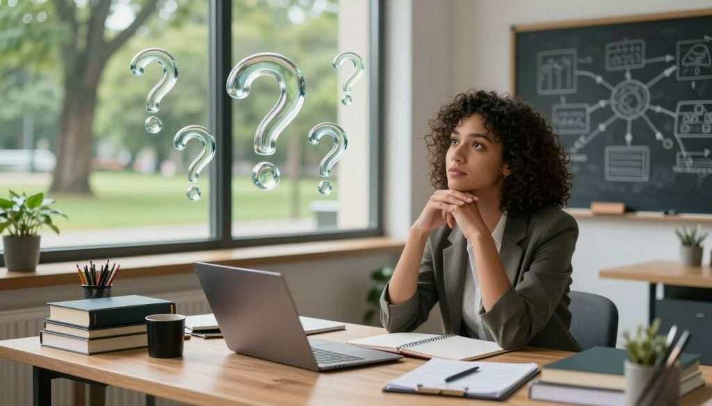 A thoughtful young professional woman in a cozy, modern office setting is sitting at a desk filled with books and notepads, deep in contemplation. She has curly hair and is dressed in smart casual attire. In the foreground, an array of question marks made of glass float around her, symbolizing the process of inquiry and critical thinking. The middle section includes a large window revealing a lush green park outside, casting soft, natural light into the room, enhancing an atmosphere of clarity and focus. The desk is cluttered yet organized, conveying productivity. In the background, a chalkboard with mind maps and diagrams illustrate various problem-solving techniques, emphasizing the theme. The overall mood is inspiring, inviting creativity and deep thought. A thoughtful young professional woman in a cozy, modern office setting is sitting at a desk filled with books and notepads, deep in contemplation. She has curly hair and is dressed in smart casual attire. In the foreground, an array of question marks made of glass float around her, symbolizing the process of inquiry and critical thinking. The middle section includes a large window revealing a lush green park outside, casting soft, natural light into the room, enhancing an atmosphere of clarity and focus. The desk is cluttered yet organized, conveying productivity. In the background, a chalkboard with mind maps and diagrams illustrate various problem-solving techniques, emphasizing the theme. The overall mood is inspiring, inviting creativity and deep thought.