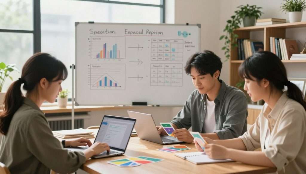 A tranquil study environment showcasing enhanced learning techniques. In the foreground, a diverse group of three individuals, one man and two women, engaged in interactive learning, utilizing digital devices and colorful flashcards, all wearing smart casual attire. In the middle ground, a large whiteboard filled with organized notes and diagrams illustrating spaced repetition concepts, with charts tracking memory improvements. In the background, shelves lined with books and plants, adding a touch of greenery. Soft, natural light streams through a large window, illuminating the workspace gently. The atmosphere is focused and motivational, emphasizing collaboration and personal growth in memory retention. An inviting ambiance encourages exploration and discovery within the learning process.