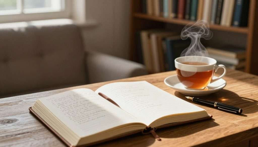 A tranquil workspace scene focusing on reflective journaling for cognitive growth. In the foreground, a wooden desk is adorned with an open leather-bound journal displaying handwritten notes and thought-provoking questions. Nearby, a steaming cup of tea emits gentle wisps of steam, and a sturdy fountain pen rests beside the journal. In the middle ground, a cozy armchair is positioned next to a shelf lined with books on philosophy and psychology, suggesting an inviting atmosphere for contemplation. Natural light streams in from a nearby window, casting soft shadows and highlighting the textures of the wood and the pages of the journal. The mood is serene and introspective, emphasizing personal growth and the importance of critical thinking in daily life.