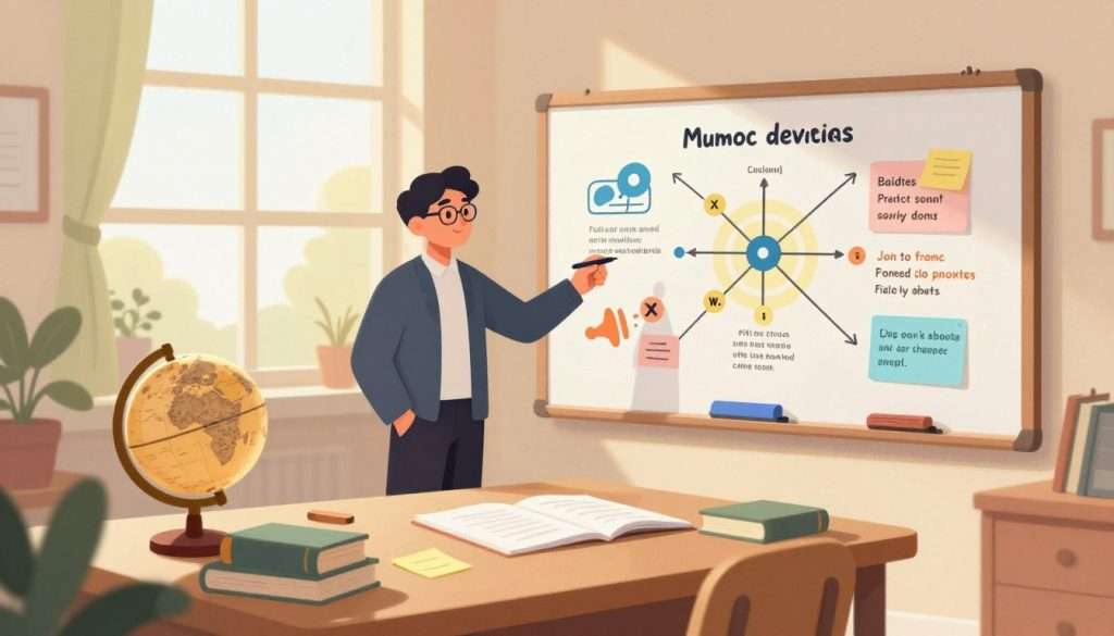 A vibrant and engaging illustration of mnemonic devices to enhance memory retention, depicted in a cozy study room setting. In the foreground, a confident individual in professional attire stands beside a whiteboard filled with colorful diagrams, symbols, and mnemonic phrases. The middle ground features an organized desk cluttered with books, sticky notes, and a vintage globe, inferring a thirst for knowledge. In the background, a large window allows warm sunlight to pour in, casting soft shadows and creating a calm atmosphere. Gentle, inspiring colors dominate the scene, enhancing the mood of creativity and learning. The angle is slightly elevated, providing a comprehensive view of the mnemonic tools in action, inviting viewers to explore the techniques for better memory retention.