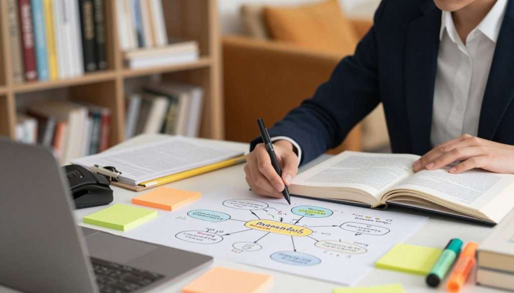 A vibrant and engaging study environment featuring a focused individual in professional attire, sitting at a desk filled with open books, colorful sticky notes, and highlighters. In the foreground, the person is actively annotating a book, surrounded by diagrams and mind maps connecting various concepts, showcasing a lively interaction with the material. The middle ground includes a bookshelf filled with neatly organized resources, creating a sense of depth. The background is softly blurred, hinting at a cozy reading nook with warm lighting casting a relaxed yet studious atmosphere. Use natural lighting to emphasize the colors of the annotations, while maintaining a clear focus on the act of active reading and connecting ideas, resonating with the theme of effective recall strategies.