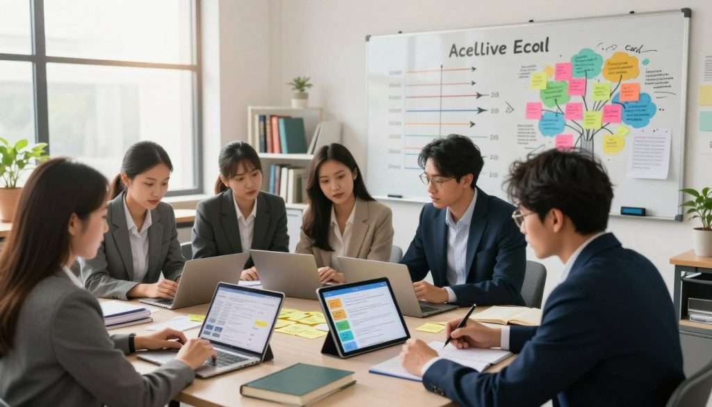 A vibrant and engaging workspace filled with visual representations of accelerated learning techniques. In the foreground, a diverse group of professionals in business attire, focused intently on various learning tools: a digital tablet displaying interactive courses, sticky notes filled with mnemonic aids, and colorful mind maps. In the middle ground, a large whiteboard with diagrams illustrating techniques like spaced repetition and active recall, surrounded by various textbooks and study materials. In the background, soft natural light streams through large windows, creating a warm atmosphere. The overall mood is dynamic and collaborative, encouraging growth and knowledge acquisition. The composition highlights the effective synergy between individuals and innovative learning strategies. A vibrant and engaging workspace filled with visual representations of accelerated learning techniques. In the foreground, a diverse group of professionals in business attire, focused intently on various learning tools: a digital tablet displaying interactive courses, sticky notes filled with mnemonic aids, and colorful mind maps. In the middle ground, a large whiteboard with diagrams illustrating techniques like spaced repetition and active recall, surrounded by various textbooks and study materials. In the background, soft natural light streams through large windows, creating a warm atmosphere. The overall mood is dynamic and collaborative, encouraging growth and knowledge acquisition. The composition highlights the effective synergy between individuals and innovative learning strategies.