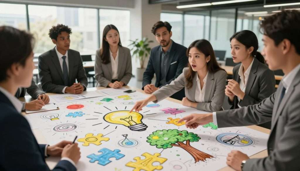 A vibrant and imaginative scene depicting a diverse group of professional individuals, dressed in smart business attire, gathered around a giant, colorful brainstorming board full of eclectic ideas and sketches. In the foreground, a woman excitedly points at a combination of seemingly unrelated objects: a lightbulb, a puzzle piece, and a tree, symbolizing creative connections. The middle ground features a diverse team engaged in animated discussion, with expressions of revelation and curiosity. The background shows a modern office environment lit with warm, natural lighting filtering through large windows, creating a collaborative and inspiring atmosphere. The camera angle captures the dynamic interaction, inviting viewers to explore the concept of merging unique ideas for innovative solutions. A vibrant and imaginative scene depicting a diverse group of professional individuals, dressed in smart business attire, gathered around a giant, colorful brainstorming board full of eclectic ideas and sketches. In the foreground, a woman excitedly points at a combination of seemingly unrelated objects: a lightbulb, a puzzle piece, and a tree, symbolizing creative connections. The middle ground features a diverse team engaged in animated discussion, with expressions of revelation and curiosity. The background shows a modern office environment lit with warm, natural lighting filtering through large windows, creating a collaborative and inspiring atmosphere. The camera angle captures the dynamic interaction, inviting viewers to explore the concept of merging unique ideas for innovative solutions.