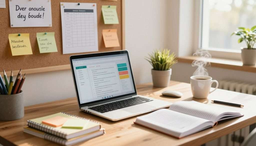A vibrant and inspiring study environment, showcasing an organized student workspace. In the foreground, a neatly arranged wooden desk with a laptop open to a productivity app, colorful sticky notes, and a planner filled with tasks. A steaming cup of coffee sits beside an open textbook, hinting at effective study strategies. In the middle, a bulletin board displaying motivational quotes and goal charts adds an encouraging touch. In the background, sunlight streams through a large window, illuminating the scene, creating a warm, inviting atmosphere. The mood is focused and productive, with a sense of accomplishment in the air. Use a soft focus with a slight depth of field, capturing the essence of a well-structured productivity system, as if viewed from a comfortable angle that emphasizes the desk.