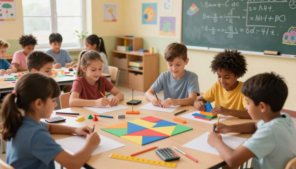 A vibrant classroom setting filled with students joyfully engaged in various fun math projects. In the foreground, a group of diverse, excited children work together on a colorful geometric design made from foam shapes, showcasing their teamwork and creativity. In the middle, a large table is cluttered with tools like rulers, calculators, and art supplies, as students collaboratively tackle a real-world math problem, perhaps involving building a scale model or a simple physics experiment. The background features a chalkboard adorned with mathematical equations and colorful drawings, while warm, natural lighting filters in through large windows, creating an inviting atmosphere. The overall mood is cheerful and inspiring, capturing the joy of learning through practical application of math concepts.