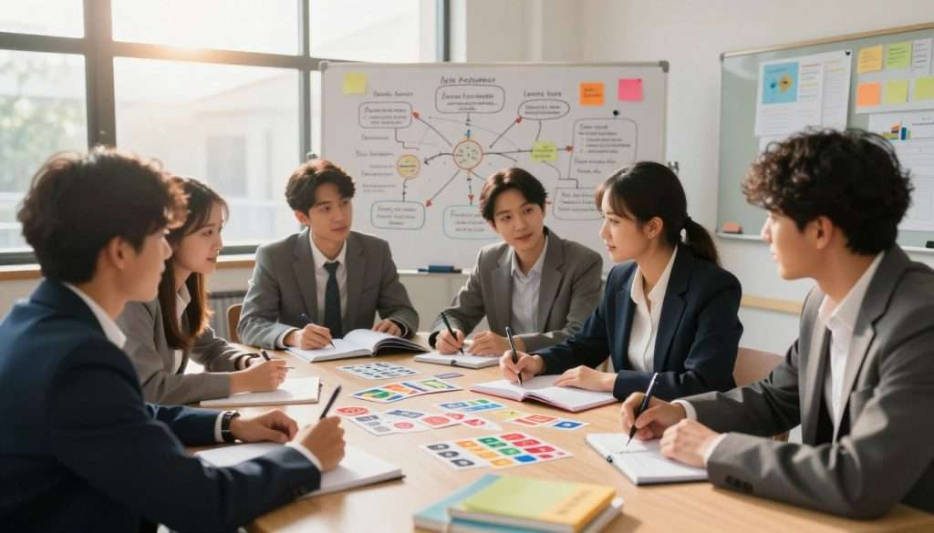A vibrant, engaging study environment showcasing effective study techniques. In the foreground, a diverse group of students in professional business attire are gathered around a large table, actively discussing concepts and practicing active recall with flashcards and notebooks. In the middle ground, a whiteboard filled with mind maps and key concepts illustrates various learning techniques, while colorful study materials are scattered around. The background features large windows with sunlight pouring in, creating an inviting, warm atmosphere. Soft, focused lighting enhances the scene, emphasizing the students’ concentration and enthusiasm. The composition should be dynamic, conveying a sense of collaboration and intellectual energy, ideal for promoting effective study habits. A vibrant, engaging study environment showcasing effective study techniques. In the foreground, a diverse group of students in professional business attire are gathered around a large table, actively discussing concepts and practicing active recall with flashcards and notebooks. In the middle ground, a whiteboard filled with mind maps and key concepts illustrates various learning techniques, while colorful study materials are scattered around. The background features large windows with sunlight pouring in, creating an inviting, warm atmosphere. Soft, focused lighting enhances the scene, emphasizing the students’ concentration and enthusiasm. The composition should be dynamic, conveying a sense of collaboration and intellectual energy, ideal for promoting effective study habits.