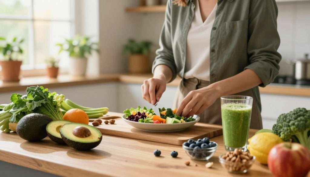 A vibrant kitchen setting filled with fresh, colorful foods that enhance cognitive performance. In the foreground, a wooden table displays a spread of healthy ingredients: avocados, blueberries, nuts, and leafy greens, along with a glass of green smoothie. In the middle ground, a person dressed in professional attire is preparing a nutritious meal, showcasing focused concentration. The background features sunlight streaming through a window, creating a warm and inviting atmosphere filled with plants and earthy tones. The overall mood is energetic and motivational, emphasizing the connection between nutrition and cognitive enhancement with a slight depth of field effect to draw attention to the foreground. A vibrant kitchen setting filled with fresh, colorful foods that enhance cognitive performance. In the foreground, a wooden table displays a spread of healthy ingredients: avocados, blueberries, nuts, and leafy greens, along with a glass of green smoothie. In the middle ground, a person dressed in professional attire is preparing a nutritious meal, showcasing focused concentration. The background features sunlight streaming through a window, creating a warm and inviting atmosphere filled with plants and earthy tones. The overall mood is energetic and motivational, emphasizing the connection between nutrition and cognitive enhancement with a slight depth of field effect to draw attention to the foreground.
