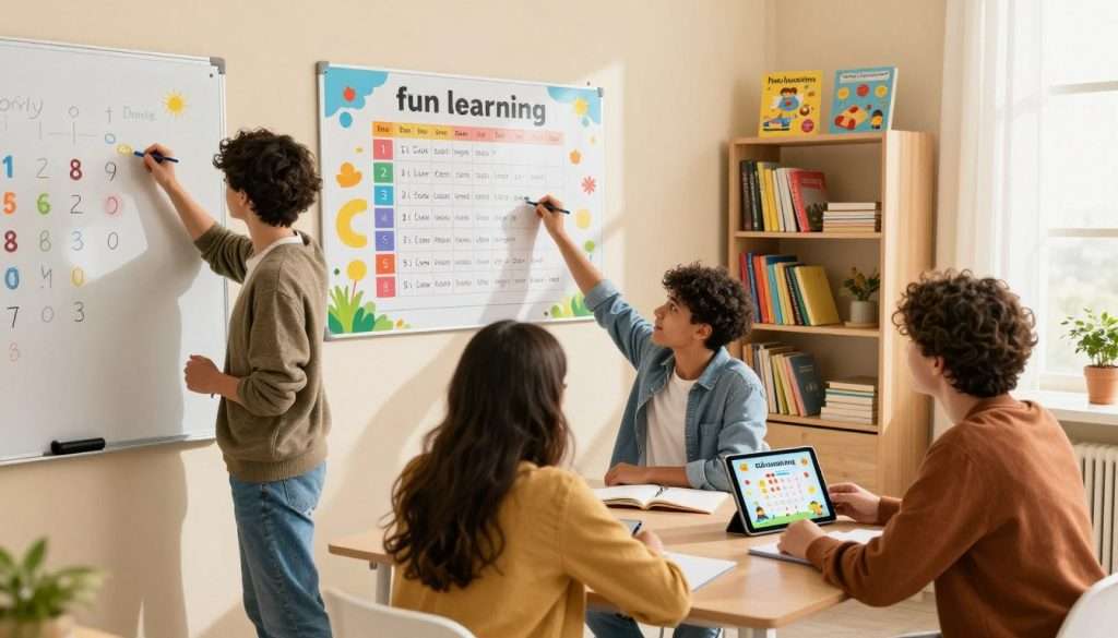 A vibrant scene of a cozy, well-lit study room filled with engaging elements of "fun learning". In the foreground, a diverse group of three students, dressed in casual and comfortable clothes, enthusiastically participating in a study session; one writes on a colorful whiteboard, another counts points on a scoreboard, and the third holds a tablet displaying a fun quiz. The middle ground features a large, visually appealing poster on the wall illustrating a playful point system for daily study habits. In the background, bookshelves filled with colorful books and educational games enhance the atmosphere. Soft, warm lighting floods the room, creating an inviting mood, while natural sunlight streams in through the window, reinforcing a sense of motivation and excitement for learning. A vibrant scene of a cozy, well-lit study room filled with engaging elements of "fun learning". In the foreground, a diverse group of three students, dressed in casual and comfortable clothes, enthusiastically participating in a study session; one writes on a colorful whiteboard, another counts points on a scoreboard, and the third holds a tablet displaying a fun quiz. The middle ground features a large, visually appealing poster on the wall illustrating a playful point system for daily study habits. In the background, bookshelves filled with colorful books and educational games enhance the atmosphere. Soft, warm lighting floods the room, creating an inviting mood, while natural sunlight streams in through the window, reinforcing a sense of motivation and excitement for learning.