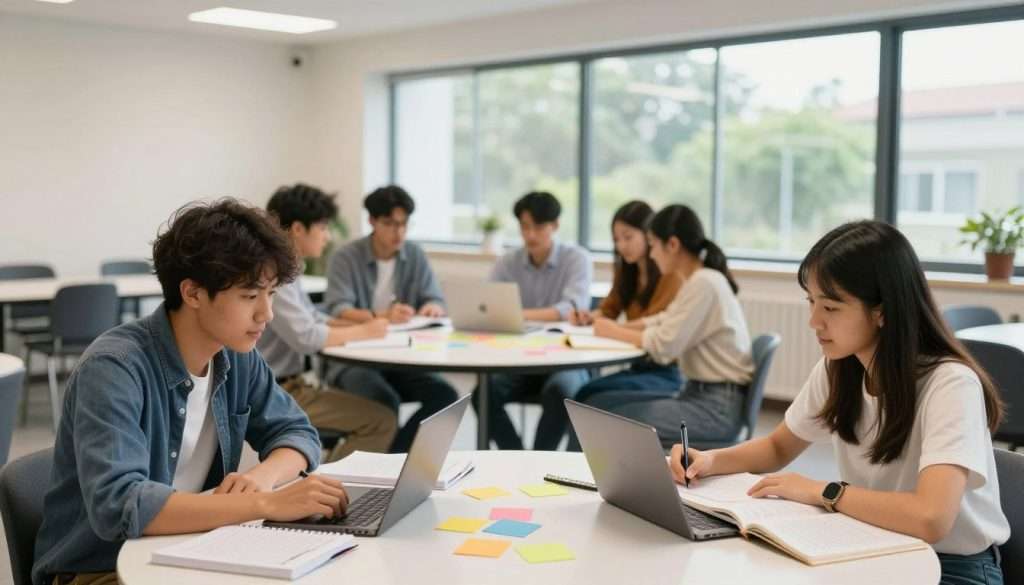 A vibrant scene of diverse students engaged in collaborative learning within a bright, modern study space. In the foreground, two students, one male and one female, are actively discussing ideas over textbooks and laptops, each taking notes. The middle ground features a round table with a few more students contributing to the discussion, surrounded by colorful post-it notes and study materials. The background reveals a large window allowing natural light to flood the room, with greenery visible outside, creating an inviting atmosphere. Soft overhead lighting enhances the warm, focused mood. Use a wide-angle lens to capture the lively interactions and camaraderie, emphasizing the dynamic nature of peer teaching in a contemporary educational environment. A vibrant scene of diverse students engaged in collaborative learning within a bright, modern study space. In the foreground, two students, one male and one female, are actively discussing ideas over textbooks and laptops, each taking notes. The middle ground features a round table with a few more students contributing to the discussion, surrounded by colorful post-it notes and study materials. The background reveals a large window allowing natural light to flood the room, with greenery visible outside, creating an inviting atmosphere. Soft overhead lighting enhances the warm, focused mood. Use a wide-angle lens to capture the lively interactions and camaraderie, emphasizing the dynamic nature of peer teaching in a contemporary educational environment.