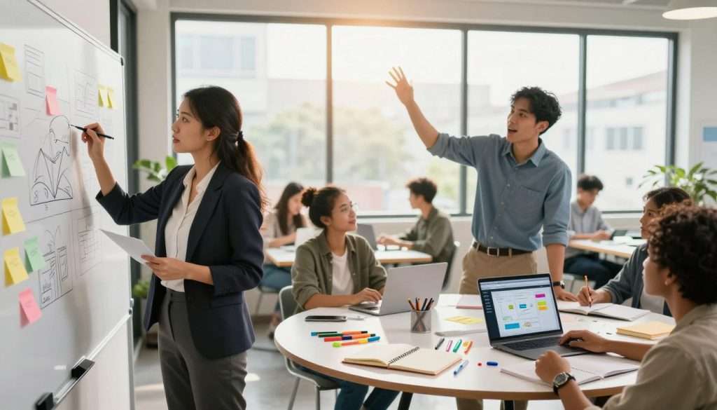 A vibrant workspace filled with creative problem-solving methods, featuring a diverse group of professionals engaged in brainstorming. In the foreground, a woman in business attire sketches ideas on a whiteboard, while a man nearby discusses concepts animatedly, showing various post-it notes and diagrams. In the middle ground, a round table displays tools like colored markers, notebooks, and a laptop showcasing digital brainstorming software. In the background, large windows let in warm, natural light, illuminating the space and giving a sense of openness. The mood is inspiring and collaborative, conveying a dynamic atmosphere of innovation and creativity. The image captures the essence of generating and refining creative solutions in a professional setting. A vibrant workspace filled with creative problem-solving methods, featuring a diverse group of professionals engaged in brainstorming. In the foreground, a woman in business attire sketches ideas on a whiteboard, while a man nearby discusses concepts animatedly, showing various post-it notes and diagrams. In the middle ground, a round table displays tools like colored markers, notebooks, and a laptop showcasing digital brainstorming software. In the background, large windows let in warm, natural light, illuminating the space and giving a sense of openness. The mood is inspiring and collaborative, conveying a dynamic atmosphere of innovation and creativity. The image captures the essence of generating and refining creative solutions in a professional setting.