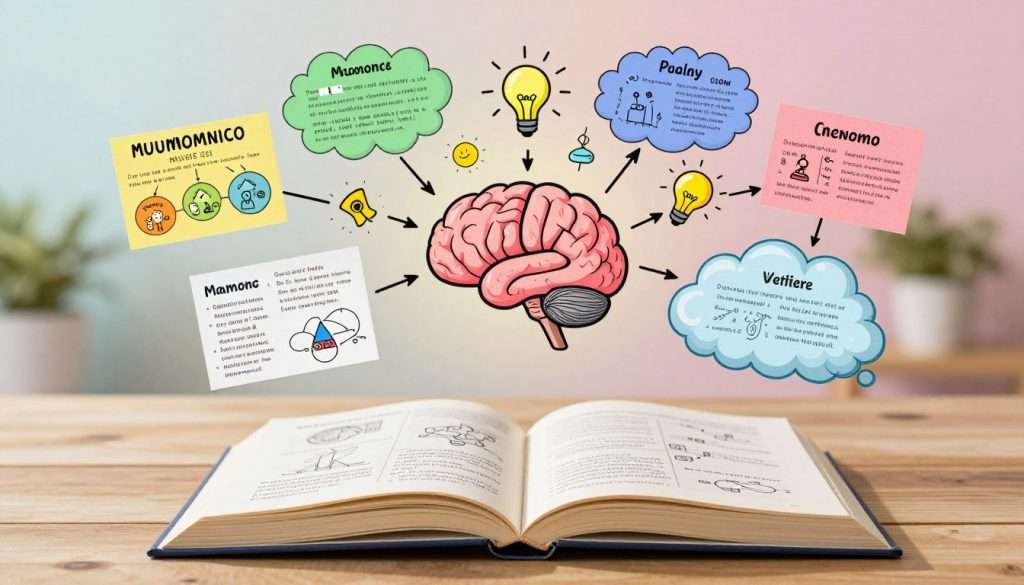 A visually captivating scene illustrating mnemonic devices for memory, featuring a colorful array of vibrant mind maps and diagrams floating in the air against a soft-focused background. In the foreground, an open book rests on a wooden table, with sketches of various mnemonic techniques like acronyms, visualization, and story methods displayed on its pages. The middle ground includes a brain-shaped cloud bursting with creative symbols, such as light bulbs and arrows, representing ideas and connections. The background softly fades into a soothing pastel gradient, enhancing the dreamlike atmosphere. Soft, warm natural lighting casts gentle shadows, creating depth and inviting exploration of the concepts presented. The overall mood conveys inspiration and enthusiasm for learning. A visually captivating scene illustrating mnemonic devices for memory, featuring a colorful array of vibrant mind maps and diagrams floating in the air against a soft-focused background. In the foreground, an open book rests on a wooden table, with sketches of various mnemonic techniques like acronyms, visualization, and story methods displayed on its pages. The middle ground includes a brain-shaped cloud bursting with creative symbols, such as light bulbs and arrows, representing ideas and connections. The background softly fades into a soothing pastel gradient, enhancing the dreamlike atmosphere. Soft, warm natural lighting casts gentle shadows, creating depth and inviting exploration of the concepts presented. The overall mood conveys inspiration and enthusiasm for learning.