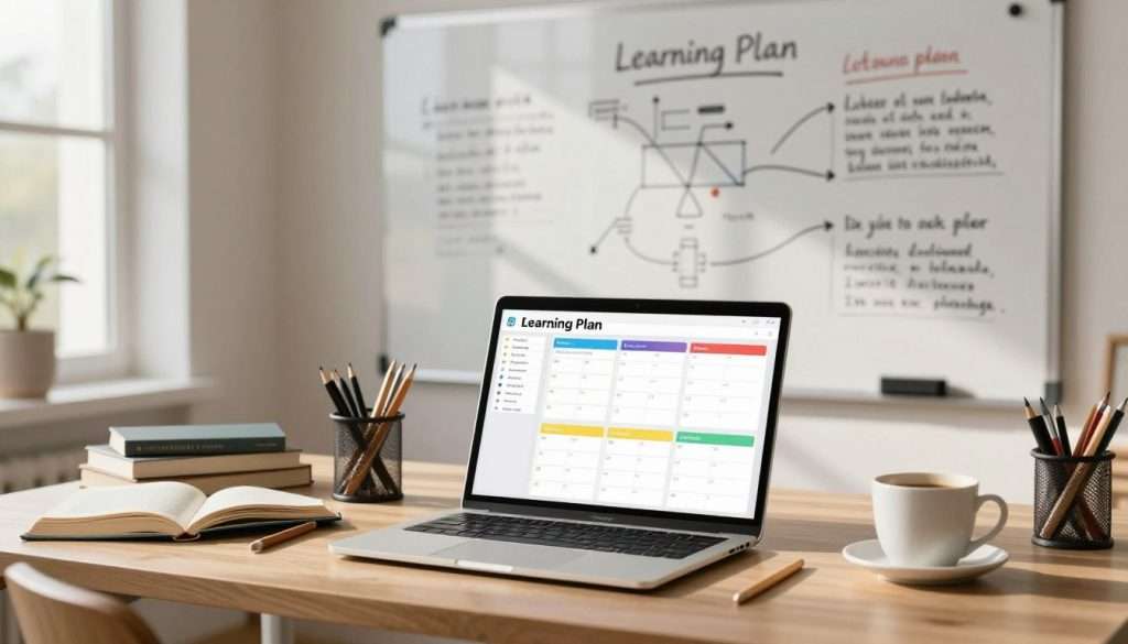 A visually engaging and organized study space showcasing a personalized learning plan. In the foreground, a neatly arranged desk features a laptop with an open digital planner displaying colorful sections for subjects, goals, and schedules. On the desk, there are textbooks, stationery, and a cup of coffee, creating a warm, inviting atmosphere. In the middle background, a large whiteboard is filled with handwritten notes and diagrams, symbolizing effective strategies for learning. The background features a serene room with soft, natural light coming through a window, casting gentle shadows. The overall mood is motivational and focused, encouraging a sense of productivity and structured learning. A visually engaging and organized study space showcasing a personalized learning plan. In the foreground, a neatly arranged desk features a laptop with an open digital planner displaying colorful sections for subjects, goals, and schedules. On the desk, there are textbooks, stationery, and a cup of coffee, creating a warm, inviting atmosphere. In the middle background, a large whiteboard is filled with handwritten notes and diagrams, symbolizing effective strategies for learning. The background features a serene room with soft, natural light coming through a window, casting gentle shadows. The overall mood is motivational and focused, encouraging a sense of productivity and structured learning.