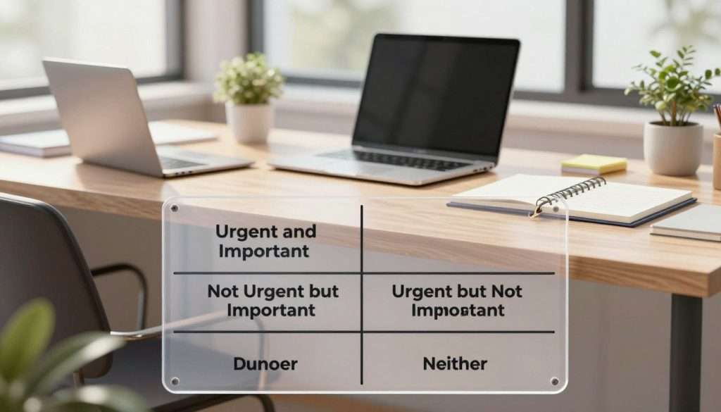 A visually engaging decision-making tool themed around the Eisenhower Decision Matrix. In the foreground, a large, clear matrix chart with four quadrants labeled: 'Urgent and Important', 'Not Urgent but Important', 'Urgent but Not Important', and 'Neither'. The middle layer features a stylized workspace with a laptop, notes, and a planner, symbolizing productive action. The background includes a serene office environment, filled with soft natural light streaming from a window, casting gentle shadows. The overall mood is focused and inspiring, intended to convey clarity and organization. The image should not contain any text or details that distract from the primary visual elements. A visually engaging decision-making tool themed around the Eisenhower Decision Matrix. In the foreground, a large, clear matrix chart with four quadrants labeled: 'Urgent and Important', 'Not Urgent but Important', 'Urgent but Not Important', and 'Neither'. The middle layer features a stylized workspace with a laptop, notes, and a planner, symbolizing productive action. The background includes a serene office environment, filled with soft natural light streaming from a window, casting gentle shadows. The overall mood is focused and inspiring, intended to convey clarity and organization. The image should not contain any text or details that distract from the primary visual elements.