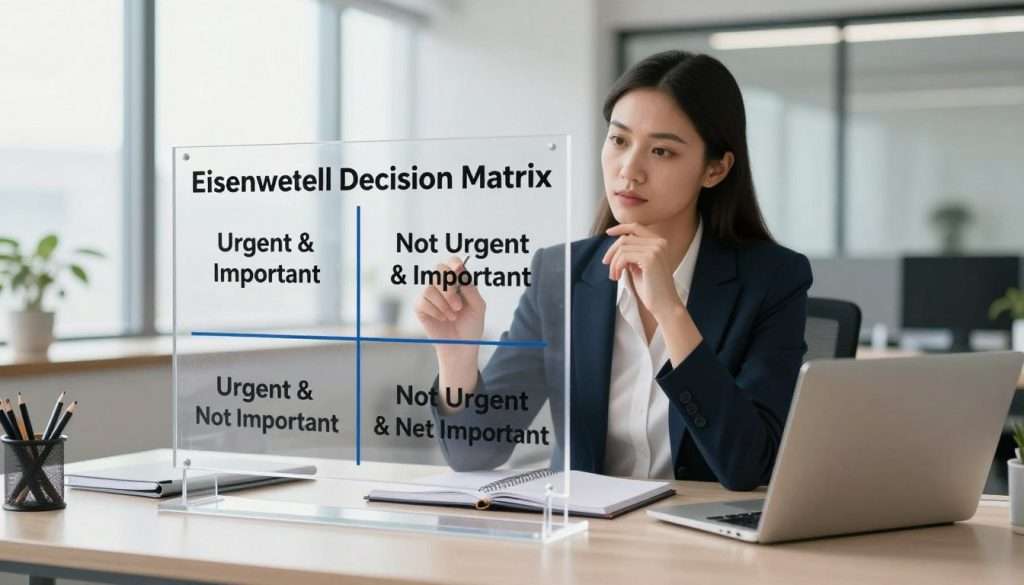 A visually engaging illustration of the "Eisenhower Decision Matrix" displayed on a sleek, modern office workspace. In the foreground, the matrix is represented as a clear, organized grid divided into four quadrants, each labeled with the categories: "Urgent & Important," "Not Urgent & Important," "Urgent & Not Important," and "Not Urgent & Not Important." In the middle ground, a professional woman in smart business attire is thoughtfully analyzing the matrix, surrounded by notebooks and a laptop, with a focused expression. The background features a bright, airy office with large windows allowing natural light to flood the space, creating an uplifting atmosphere. A soft depth of field accentuates the foreground elements, enhancing the sense of concentration and clarity. A visually engaging illustration of the "Eisenhower Decision Matrix" displayed on a sleek, modern office workspace. In the foreground, the matrix is represented as a clear, organized grid divided into four quadrants, each labeled with the categories: "Urgent & Important," "Not Urgent & Important," "Urgent & Not Important," and "Not Urgent & Not Important." In the middle ground, a professional woman in smart business attire is thoughtfully analyzing the matrix, surrounded by notebooks and a laptop, with a focused expression. The background features a bright, airy office with large windows allowing natural light to flood the space, creating an uplifting atmosphere. A soft depth of field accentuates the foreground elements, enhancing the sense of concentration and clarity.