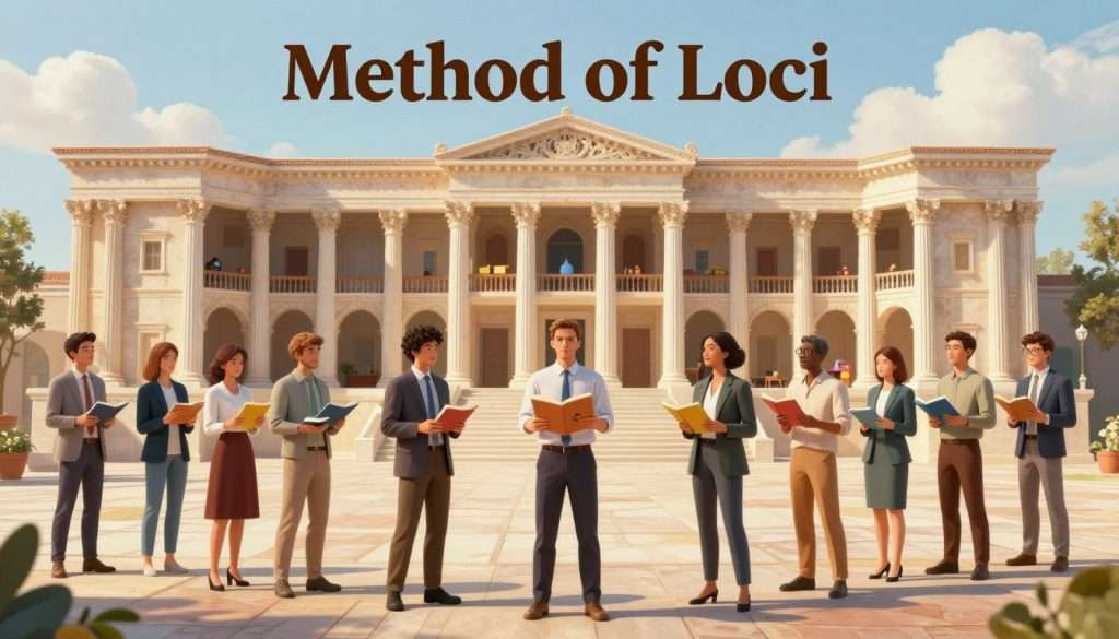 A visually engaging illustration of the "Method of Loci" for memory enhancement. In the foreground, a diverse group of professionals in smart casual attire stands, each depicting a unique mental image of a room filled with organized conceptual items—books, symbols, and colorful objects, representing different topics. In the middle ground, a detailed architectural rendering of an ancient Roman-style villa, including columns, arches, and rooms that evoke a sense of nostalgia and intellect. The background features a clear blue sky and soft clouds, enhancing the serene atmosphere. The lighting is warm and inviting, with soft shadows cast by the sun, creating depth and focus on the characters and the villa, symbolizing clarity and organization in thought. The overall mood is inspirational and thoughtful, encouraging viewers to engage with memory techniques. A visually engaging illustration of the "Method of Loci" for memory enhancement. In the foreground, a diverse group of professionals in smart casual attire stands, each depicting a unique mental image of a room filled with organized conceptual items—books, symbols, and colorful objects, representing different topics. In the middle ground, a detailed architectural rendering of an ancient Roman-style villa, including columns, arches, and rooms that evoke a sense of nostalgia and intellect. The background features a clear blue sky and soft clouds, enhancing the serene atmosphere. The lighting is warm and inviting, with soft shadows cast by the sun, creating depth and focus on the characters and the villa, symbolizing clarity and organization in thought. The overall mood is inspirational and thoughtful, encouraging viewers to engage with memory techniques.