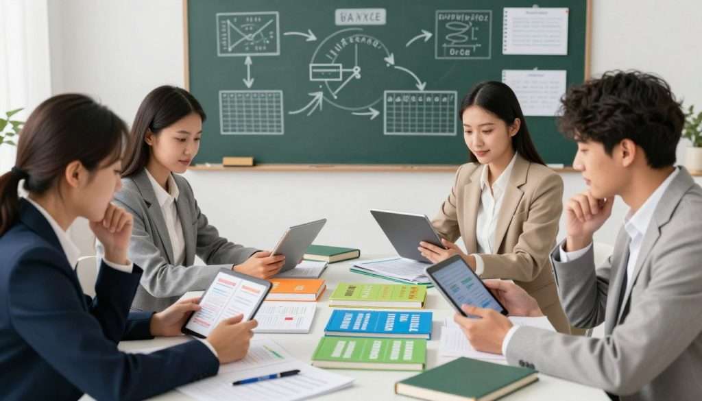 A visually engaging illustration showcasing various spaced repetition techniques tailored for different subjects. In the foreground, a diverse group of four people (two men and two women) are thoughtfully engaging with flashcards and digital apps on tablets, all dressed in professional business attire. The middle ground features a table displaying colorful, organized study materials like textbooks and notebooks, visually representing subjects such as language learning, science, history, and mathematics. In the background, a large chalkboard is filled with diagrams and progress charts illustrating the spaced repetition concept, surrounded by soft, natural lighting that creates an inviting and collaborative study atmosphere. The scene is captured at a slight angle to emphasize interaction and focus, reflecting a productive and inspiring learning environment. A visually engaging illustration showcasing various spaced repetition techniques tailored for different subjects. In the foreground, a diverse group of four people (two men and two women) are thoughtfully engaging with flashcards and digital apps on tablets, all dressed in professional business attire. The middle ground features a table displaying colorful, organized study materials like textbooks and notebooks, visually representing subjects such as language learning, science, history, and mathematics. In the background, a large chalkboard is filled with diagrams and progress charts illustrating the spaced repetition concept, surrounded by soft, natural lighting that creates an inviting and collaborative study atmosphere. The scene is captured at a slight angle to emphasize interaction and focus, reflecting a productive and inspiring learning environment.