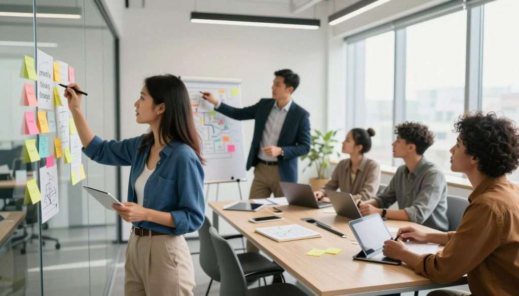 A visually engaging representation of "innovative thinking strategies" featuring a diverse group of professionals engaged in a brainstorming session. In the foreground, a woman in smart casual attire writes on a glass wall filled with colorful sticky notes and diagrams, symbolizing idea generation. In the middle ground, a man in a suit gestures towards a brainstorming map, while others collaborate around a modern conference table, showcasing various creative tools like sketchpads and digital tablets. The background reveals a bright, open office space with large windows, allowing natural light to flood the room and create a warm atmosphere. Soft shadows enhance the depth, and a slight tilt-angle perspective adds a dynamic feel, inviting viewers to explore the unfolding ideas. The mood is collaborative and energetic, promoting the spirit of challenging assumptions in thinking. A visually engaging representation of "innovative thinking strategies" featuring a diverse group of professionals engaged in a brainstorming session. In the foreground, a woman in smart casual attire writes on a glass wall filled with colorful sticky notes and diagrams, symbolizing idea generation. In the middle ground, a man in a suit gestures towards a brainstorming map, while others collaborate around a modern conference table, showcasing various creative tools like sketchpads and digital tablets. The background reveals a bright, open office space with large windows, allowing natural light to flood the room and create a warm atmosphere. Soft shadows enhance the depth, and a slight tilt-angle perspective adds a dynamic feel, inviting viewers to explore the unfolding ideas. The mood is collaborative and energetic, promoting the spirit of challenging assumptions in thinking.
