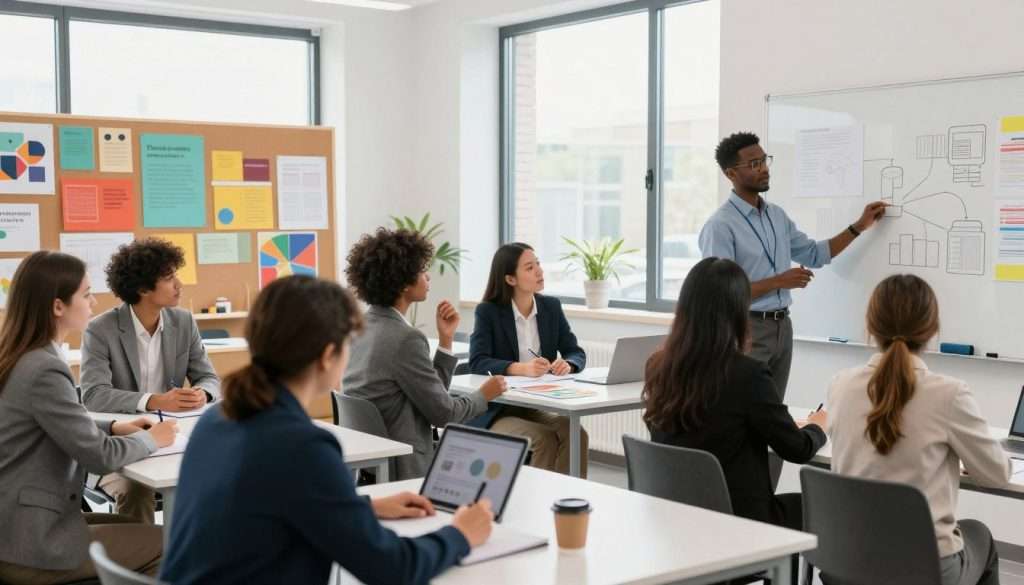 A visually engaging scene depicting the diverse ways people learn in a modern educational setting. In the foreground, a diverse group of individuals, dressed in professional business attire, engage actively in different learning processes: one person is collaborating with others while using a tablet, another is writing notes at a desk, and a third is presenting ideas on a whiteboard. The middle ground reveals a creative, collaborative space filled with colorful posters and resources, showcasing various learning styles, such as visual aids and hands-on materials. In the background, large windows allow natural light to flood the room, creating an uplifting atmosphere. The mood is dynamic and inspiring, emphasizing collaboration and active engagement. The scene captures the essence of individual learning preferences and the importance of adaptability in education.