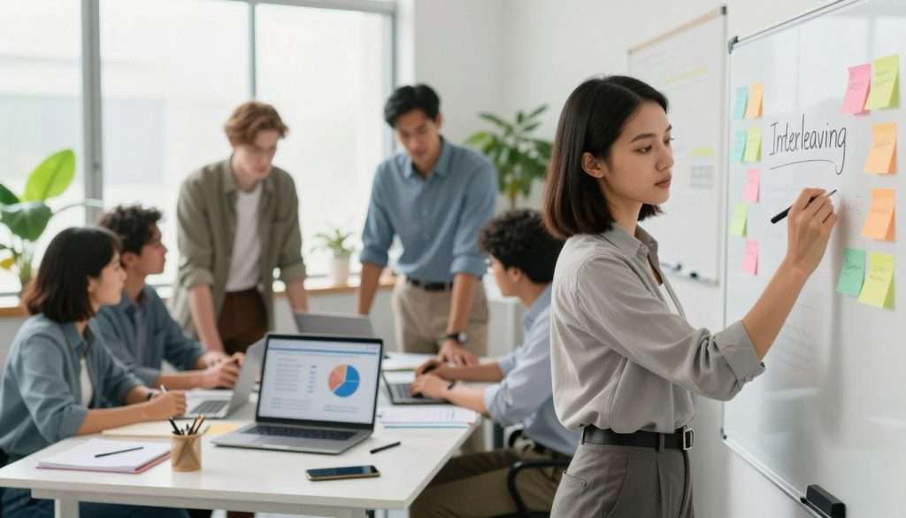 A visually engaging scene illustrating the concept of interleaving in learning techniques, showcasing a diverse group of professionals in a bright, modern office setting. In the foreground, a young woman in smart casual attire is seen writing on a whiteboard, her expression focused and analytical. In the middle, a diverse team of men and women are collaborating around a table, with colorful sticky notes and digital devices displaying graphs and charts symbolizing different strategies. The background features a large window letting in soft natural light, with vibrant plants adding a touch of nature. The overall mood is dynamic and collaborative, emphasizing a productive learning environment that encourages strategic thinking and adaptability in study methods. A visually engaging scene illustrating the concept of interleaving in learning techniques, showcasing a diverse group of professionals in a bright, modern office setting. In the foreground, a young woman in smart casual attire is seen writing on a whiteboard, her expression focused and analytical. In the middle, a diverse team of men and women are collaborating around a table, with colorful sticky notes and digital devices displaying graphs and charts symbolizing different strategies. The background features a large window letting in soft natural light, with vibrant plants adding a touch of nature. The overall mood is dynamic and collaborative, emphasizing a productive learning environment that encourages strategic thinking and adaptability in study methods.