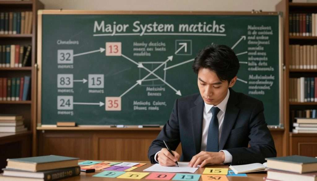 A visually engaging scene showcasing the essence of memory champions and their techniques for memorizing numbers. In the foreground, a focused individual dressed in professional business attire is seated at a desk, surrounded by colorful index cards with numbers and memory cues. The middle ground features a large chalkboard filled with elaborate diagrams representing the Major System methods, with arrows and connections illustrating the mnemonic links. The background consists of a softly lit library setting, with shelves of books on memory techniques and psychology, creating a scholarly atmosphere. The lighting is warm, casting a gentle glow that enhances the concentration of the subject, with a slight depth of field that draws attention to the person and their work. The overall mood is inspiring and intellectual, reflecting the power of memory mastery.