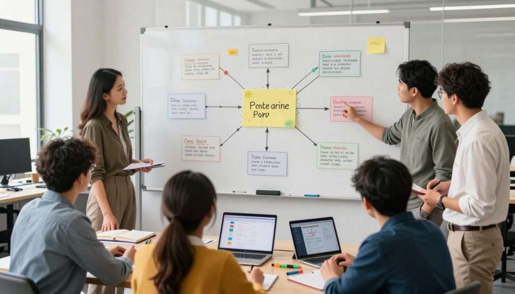 A visually engaging workspace featuring a central mind map created on a large whiteboard, filled with colorful nodes and connecting lines. In the foreground, diverse professionals in smart casual attire are collaboratively discussing the mind map, pointing at various sections. The middle layer includes a well-organized desk with notebooks, markers, and digital devices like tablets displaying visual learning tools. The background showcases a bright, airy office environment with large windows letting in natural light, softening the atmosphere. The overall mood is productive and inspiring, emphasizing collaboration and creativity in visualizing complex information. Shot from a slightly elevated angle to capture both the mind map and the engaged individuals, focusing on clarity and ease of scanning the information presented.