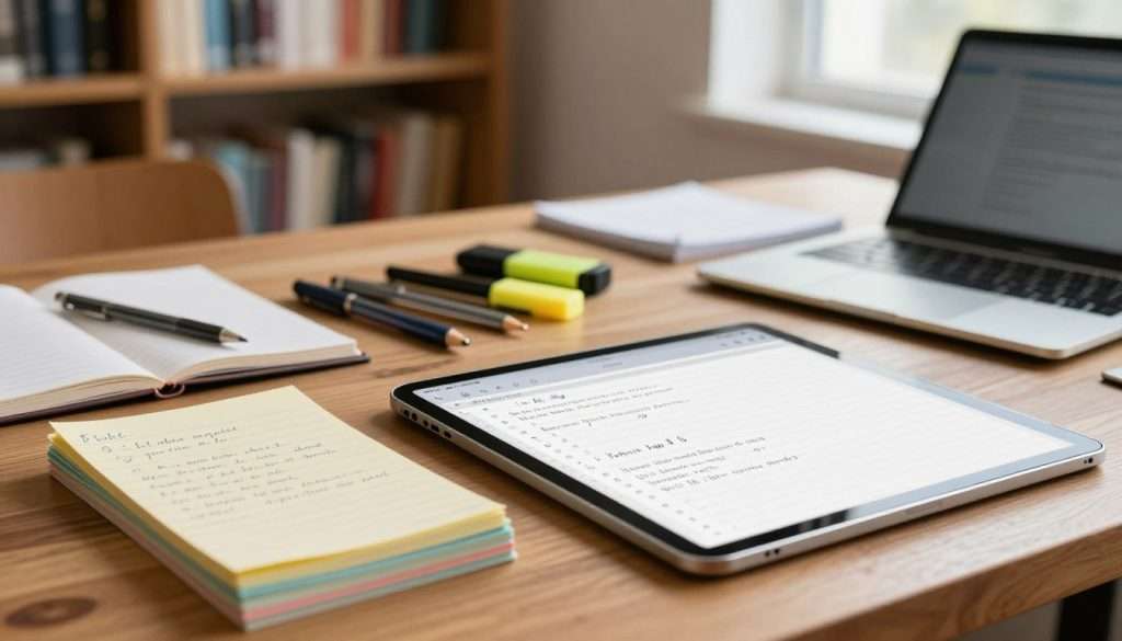 A visually striking composition illustrating the contrast between handwritten notes and digital notes. In the foreground, a neatly organized wooden desk features a stack of colorful, handwritten notes beside an open tablet displaying a sleek digital note-taking app. The middle layer showcases a blend of stationery items like pens and highlighters alongside modern tech devices such as a laptop. The background presents a softly blurred library setting with bookshelves filled with books and warm, natural lighting streaming through a nearby window, creating an inviting atmosphere. The overall mood conveys a sense of productivity and creativity, inviting viewers to consider the advantages of both note-taking methods. Capture this scene from a slightly elevated angle to enhance depth and perspective. A visually striking composition illustrating the contrast between handwritten notes and digital notes. In the foreground, a neatly organized wooden desk features a stack of colorful, handwritten notes beside an open tablet displaying a sleek digital note-taking app. The middle layer showcases a blend of stationery items like pens and highlighters alongside modern tech devices such as a laptop. The background presents a softly blurred library setting with bookshelves filled with books and warm, natural lighting streaming through a nearby window, creating an inviting atmosphere. The overall mood conveys a sense of productivity and creativity, inviting viewers to consider the advantages of both note-taking methods. Capture this scene from a slightly elevated angle to enhance depth and perspective.