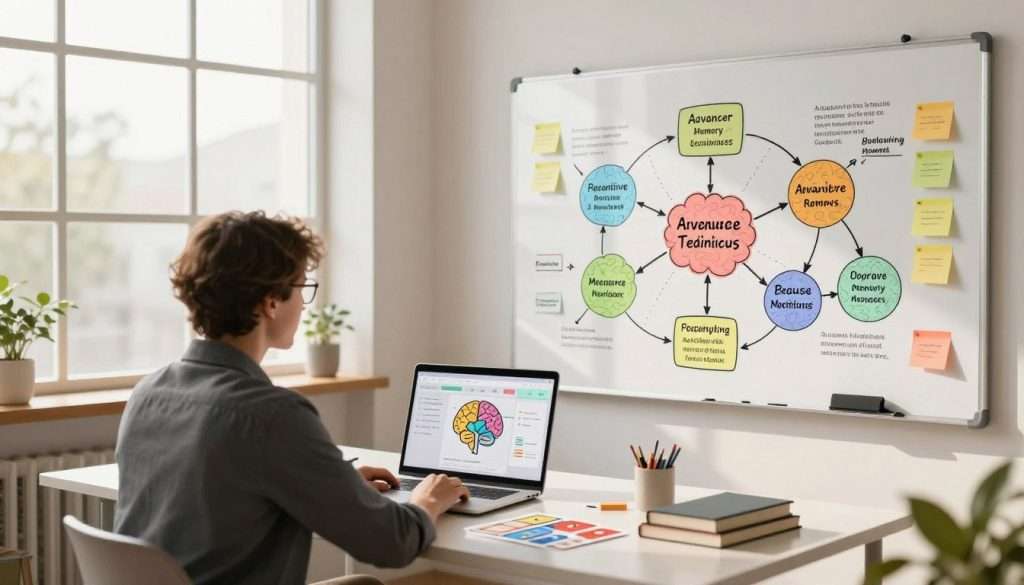 A visually striking illustration of advanced memory techniques, centered around a smart and organized workspace. In the foreground, a focused person in business attire is engaging with colorful mind maps and sticky notes on a large whiteboard, showcasing connections and strategies for memory retention. In the middle ground, a sleek desk is equipped with a laptop displaying brain-training software, surrounded by cognitive aids like flashcards and books on memory improvement. The background features large windows allowing natural light to flood the room, evoking a bright and inspirational atmosphere. The lighting is warm and inviting, highlighting the determination and focus of the individual. The overall mood is one of productivity, innovation, and intellectual advancement. A visually striking illustration of advanced memory techniques, centered around a smart and organized workspace. In the foreground, a focused person in business attire is engaging with colorful mind maps and sticky notes on a large whiteboard, showcasing connections and strategies for memory retention. In the middle ground, a sleek desk is equipped with a laptop displaying brain-training software, surrounded by cognitive aids like flashcards and books on memory improvement. The background features large windows allowing natural light to flood the room, evoking a bright and inspirational atmosphere. The lighting is warm and inviting, highlighting the determination and focus of the individual. The overall mood is one of productivity, innovation, and intellectual advancement.
