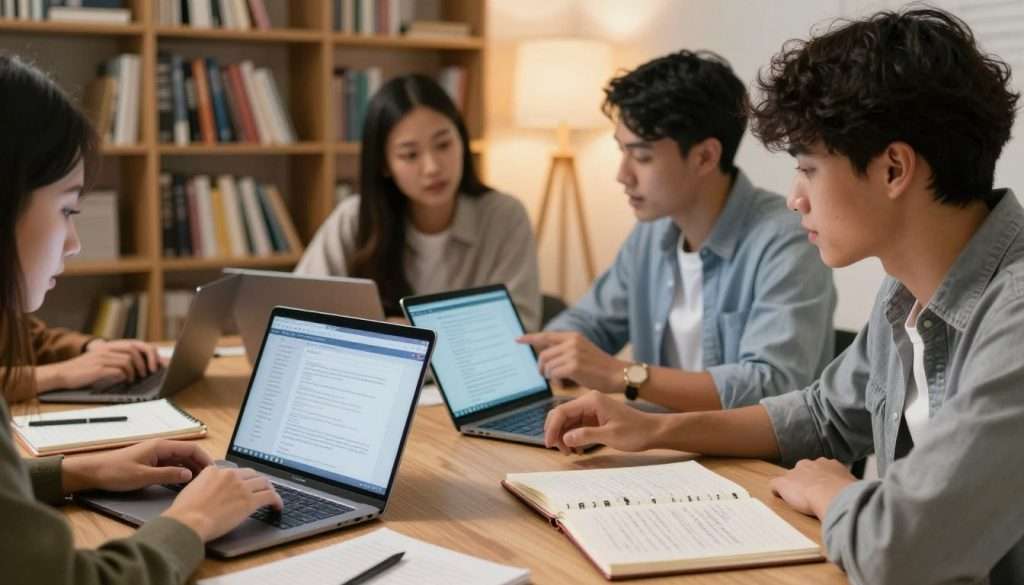 A well-lit study space featuring a diverse group of students engaged in verifying information on their laptops and tablets. In the foreground, a focused student in smart casual attire is checking data on a sleek laptop, with a notebook filled with handwritten notes beside them. In the middle, another student converses with a peer while pointing at their tablet screen, emphasizing collaboration. The background includes a large bookshelf filled with academic resources and a soft lamp casting warm light, creating an inviting atmosphere. The scene conveys a sense of inquiry and diligence, highlighting the importance of critical thinking and ethical AI usage in studying. The overall mood is dynamic and intellectually stimulating, designed to inspire responsible engagement with technology in education. A well-lit study space featuring a diverse group of students engaged in verifying information on their laptops and tablets. In the foreground, a focused student in smart casual attire is checking data on a sleek laptop, with a notebook filled with handwritten notes beside them. In the middle, another student converses with a peer while pointing at their tablet screen, emphasizing collaboration. The background includes a large bookshelf filled with academic resources and a soft lamp casting warm light, creating an inviting atmosphere. The scene conveys a sense of inquiry and diligence, highlighting the importance of critical thinking and ethical AI usage in studying. The overall mood is dynamic and intellectually stimulating, designed to inspire responsible engagement with technology in education.