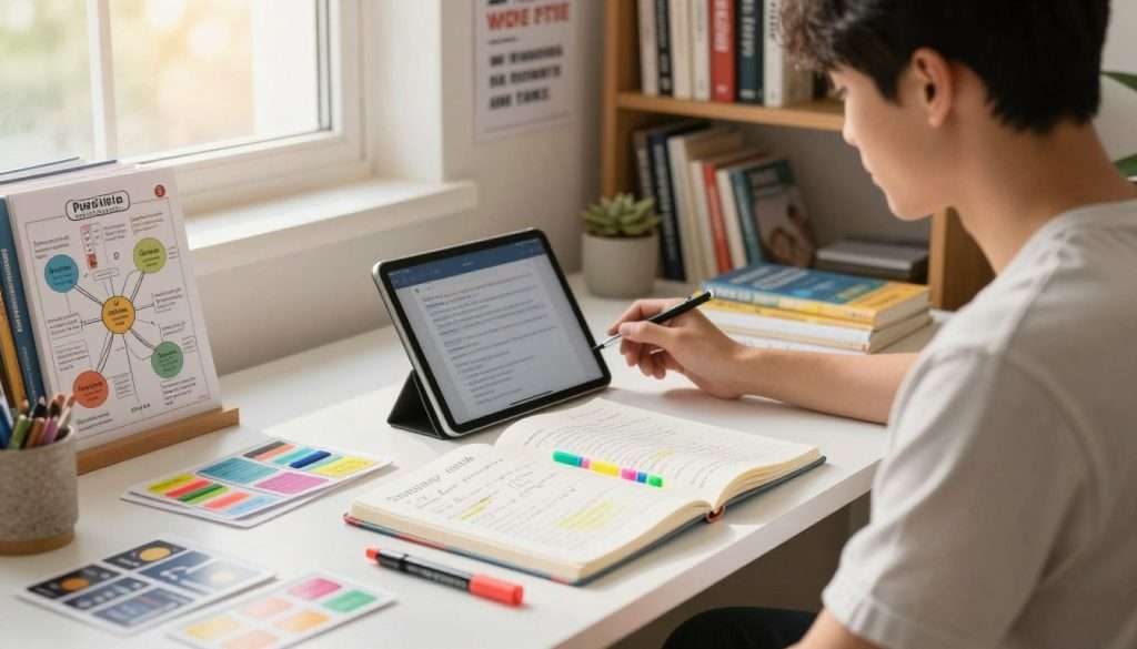 A well-organized desk in a cozy study environment serves as the foreground, featuring an open notebook with handwritten notes and colorful highlighters for active study methods. A focused young adult, dressed in modest casual clothing, is engaged with a digital tablet, surrounded by visual study aids such as mind maps and flashcards on the desk. In the middle ground, a bookshelf filled with textbooks and motivational study posters is visible, emphasizing a learning atmosphere. The background showcases a window with soft, warm sunlight streaming in, creating an inviting mood. The lighting is bright but soft, illuminating the study space and enhancing the feeling of productivity and focus, capturing the essence of effective study techniques. A well-organized desk in a cozy study environment serves as the foreground, featuring an open notebook with handwritten notes and colorful highlighters for active study methods. A focused young adult, dressed in modest casual clothing, is engaged with a digital tablet, surrounded by visual study aids such as mind maps and flashcards on the desk. In the middle ground, a bookshelf filled with textbooks and motivational study posters is visible, emphasizing a learning atmosphere. The background showcases a window with soft, warm sunlight streaming in, creating an inviting mood. The lighting is bright but soft, illuminating the study space and enhancing the feeling of productivity and focus, capturing the essence of effective study techniques.