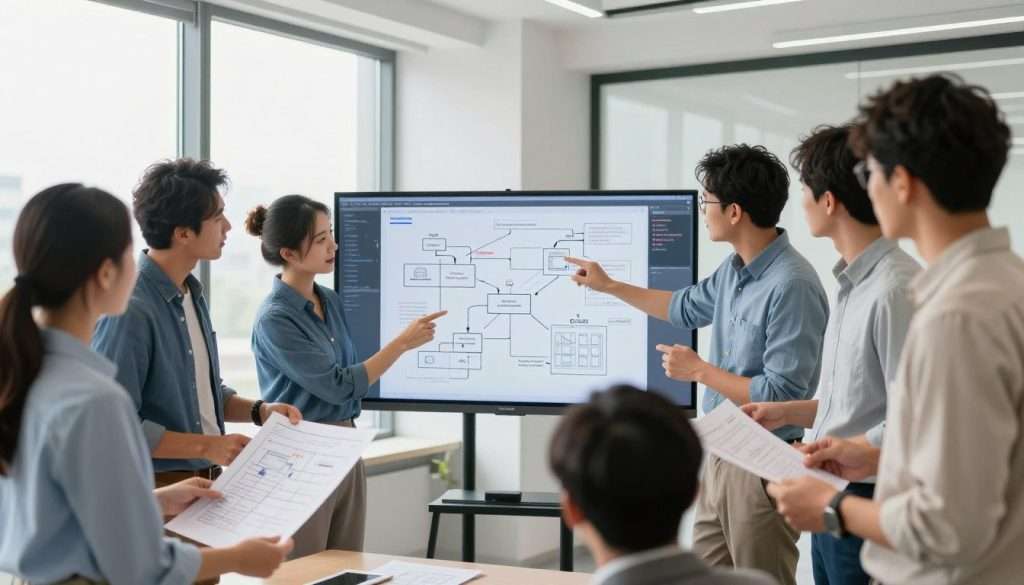 A well-organized engineering team in a bright, modern office environment, actively discussing solutions to complex problems. In the foreground, a diverse group of professionals, dressed in smart casual and business attire, enthusiastically reviewing blueprints and digital schematics on a large screen. In the middle, a whiteboard filled with diagrams, notes, and flowcharts illustrates the problem-solving process step-by-step. Engineers are gesturing towards the visual aids, communicating their ideas with clarity. The background features large windows allowing natural light to flood the room, creating an open and inviting atmosphere. Soft, diffused lighting enhances the collaborative mood, while a slight depth of field emphasizes the engaged faces of the team members, capturing the essence of teamwork in engineering problem-solving. A well-organized engineering team in a bright, modern office environment, actively discussing solutions to complex problems. In the foreground, a diverse group of professionals, dressed in smart casual and business attire, enthusiastically reviewing blueprints and digital schematics on a large screen. In the middle, a whiteboard filled with diagrams, notes, and flowcharts illustrates the problem-solving process step-by-step. Engineers are gesturing towards the visual aids, communicating their ideas with clarity. The background features large windows allowing natural light to flood the room, creating an open and inviting atmosphere. Soft, diffused lighting enhances the collaborative mood, while a slight depth of field emphasizes the engaged faces of the team members, capturing the essence of teamwork in engineering problem-solving.