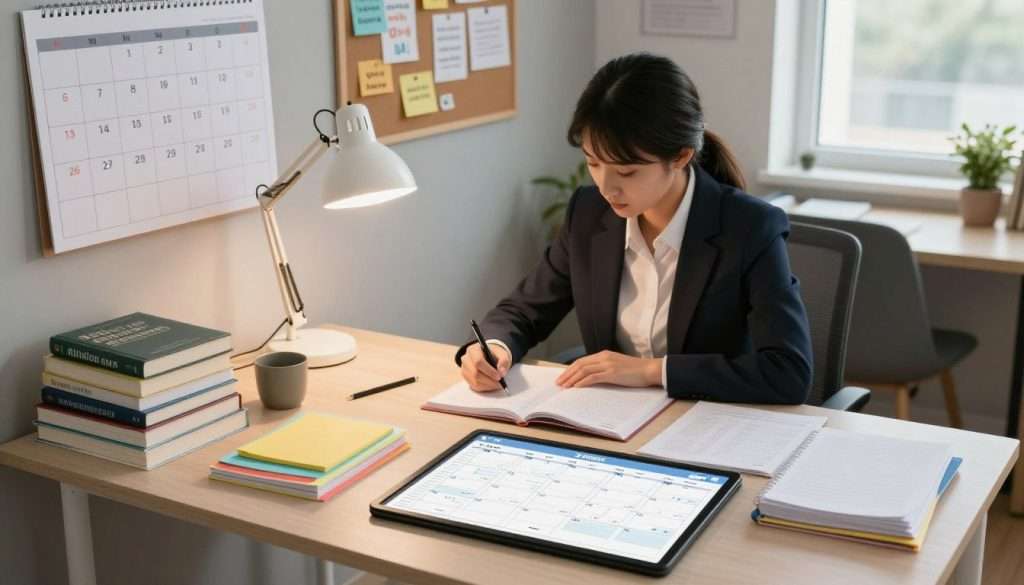 A well-organized study desk in the foreground, featuring a neatly stacked set of textbooks, colorful study notes, and a digital planner showing a weekly schedule. In the middle, a focused student dressed in professional business attire is reviewing their notes, surrounded by a soft glow from a desk lamp. The background showcases a cozy, well-lit study room with a large calendar on the wall indicating important deadlines, a bulletin board filled with motivational quotes, and a window letting in warm, natural light. The atmosphere conveys determination and focus, with a sense of calm and professionalism that embodies effective time management and planning techniques. The scene is captured in a slight bird’s-eye view to emphasize the organized layout. A well-organized study desk in the foreground, featuring a neatly stacked set of textbooks, colorful study notes, and a digital planner showing a weekly schedule. In the middle, a focused student dressed in professional business attire is reviewing their notes, surrounded by a soft glow from a desk lamp. The background showcases a cozy, well-lit study room with a large calendar on the wall indicating important deadlines, a bulletin board filled with motivational quotes, and a window letting in warm, natural light. The atmosphere conveys determination and focus, with a sense of calm and professionalism that embodies effective time management and planning techniques. The scene is captured in a slight bird’s-eye view to emphasize the organized layout.