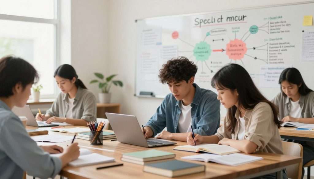 A well-organized study environment showcasing effective learning methods. In the foreground, a diverse group of two students, one male and one female, engaged in collaborative study at a spacious wooden table covered with textbooks, notes, and stationery. The middle ground features a large whiteboard filled with colorful mind maps and diagrams, illustrating various learning strategies like spaced repetition and active recall. In the background, a window allows soft natural light to flood the room, creating a bright and inviting atmosphere. The overall mood is focused and productive, with a slight warm tone to emphasize a sense of motivation and enthusiasm for learning. A gentle blur effect on the background adds depth, while the scene is shot from a dynamic angle, emphasizing the bustling energy of effective study methods. A well-organized study environment showcasing effective learning methods. In the foreground, a diverse group of two students, one male and one female, engaged in collaborative study at a spacious wooden table covered with textbooks, notes, and stationery. The middle ground features a large whiteboard filled with colorful mind maps and diagrams, illustrating various learning strategies like spaced repetition and active recall. In the background, a window allows soft natural light to flood the room, creating a bright and inviting atmosphere. The overall mood is focused and productive, with a slight warm tone to emphasize a sense of motivation and enthusiasm for learning. A gentle blur effect on the background adds depth, while the scene is shot from a dynamic angle, emphasizing the bustling energy of effective study methods.