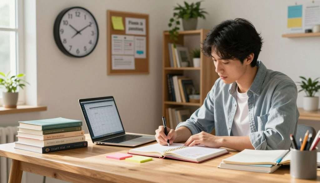 A well-organized study space featuring a young adult in business casual attire focused on creating a study plan. In the foreground, a wooden desk adorned with neatly stacked textbooks, a planner open to a weekly schedule, colorful sticky notes, and a laptop displaying a digital calendar. The middle ground showcases a large wall clock indicating time management, alongside a corkboard pinned with motivational quotes and a flowchart. In the background, a soft-lit room with shelves filled with educational materials and green plants for a calming atmosphere. Natural light filters through a window, casting warm tones and enhancing productivity. The mood is serene, encouraging effective study habits and balanced planning. A well-organized study space featuring a young adult in business casual attire focused on creating a study plan. In the foreground, a wooden desk adorned with neatly stacked textbooks, a planner open to a weekly schedule, colorful sticky notes, and a laptop displaying a digital calendar. The middle ground showcases a large wall clock indicating time management, alongside a corkboard pinned with motivational quotes and a flowchart. In the background, a soft-lit room with shelves filled with educational materials and green plants for a calming atmosphere. Natural light filters through a window, casting warm tones and enhancing productivity. The mood is serene, encouraging effective study habits and balanced planning.