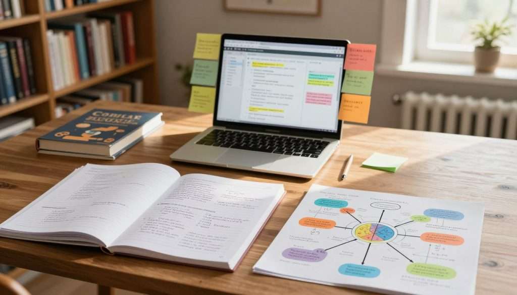 A well-organized study space is the focal point, featuring a large wooden desk with divided sections for Cornell Notes and Mind Maps. In the foreground, detailed hand-written Cornell Notes with neatly organized notes and summaries, paired with colorful Mind Maps connecting ideas visually with lines and shapes. The middle section showcases a laptop open to a digital Mind Mapping tool, surrounded by vibrant sticky notes highlighting key concepts. In the background, a cozy library with bookshelves filled with educational resources and a warm, inviting atmosphere created by soft, natural sunlight streaming through a nearby window. Use a soft focus to create a dreamy effect, emphasizing the cognitive benefits of these learning tools. The mood should be inspiring and motivational, encouraging active learning and creativity. A well-organized study space is the focal point, featuring a large wooden desk with divided sections for Cornell Notes and Mind Maps. In the foreground, detailed hand-written Cornell Notes with neatly organized notes and summaries, paired with colorful Mind Maps connecting ideas visually with lines and shapes. The middle section showcases a laptop open to a digital Mind Mapping tool, surrounded by vibrant sticky notes highlighting key concepts. In the background, a cozy library with bookshelves filled with educational resources and a warm, inviting atmosphere created by soft, natural sunlight streaming through a nearby window. Use a soft focus to create a dreamy effect, emphasizing the cognitive benefits of these learning tools. The mood should be inspiring and motivational, encouraging active learning and creativity.