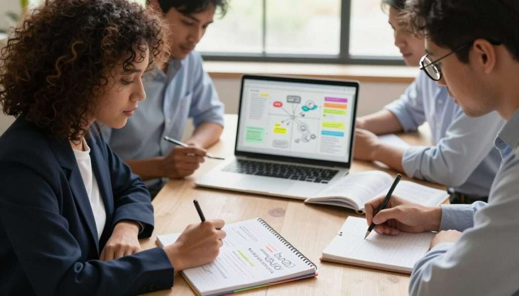 A well-organized workspace featuring a diverse group of three professionals: a woman with curly hair in smart casual attire, a man in a dress shirt, and a person with glasses writing notes in a notebook. In the foreground, a colorful notepad filled with neatly written bullet points and diagrams, symbolizing smart note-taking. The middle ground showcases a laptop displaying a mind map and an open textbook with highlighted sections. The background features a large window letting in natural light, creating a warm, inviting atmosphere. Soft shadows enhance the depth of the scene, captured from a slightly elevated angle that emphasizes collaboration and focus on learning. The mood conveys productivity, understanding, and the importance of effective note-taking for memory retention. A well-organized workspace featuring a diverse group of three professionals: a woman with curly hair in smart casual attire, a man in a dress shirt, and a person with glasses writing notes in a notebook. In the foreground, a colorful notepad filled with neatly written bullet points and diagrams, symbolizing smart note-taking. The middle ground showcases a laptop displaying a mind map and an open textbook with highlighted sections. The background features a large window letting in natural light, creating a warm, inviting atmosphere. Soft shadows enhance the depth of the scene, captured from a slightly elevated angle that emphasizes collaboration and focus on learning. The mood conveys productivity, understanding, and the importance of effective note-taking for memory retention.