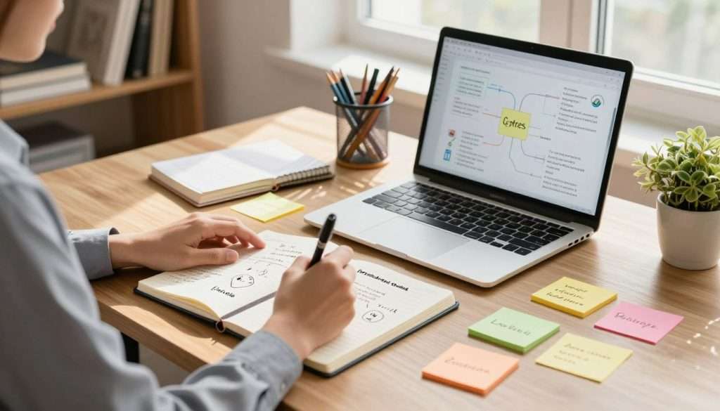 A well-organized workspace filled with effective note-taking strategies. In the foreground, a person in professional business attire sits at a clean wooden desk, thoughtfully jotting down ideas in a stylish notebook. Various colorful sticky notes with keywords and doodles surround them, emphasizing creativity over transcription. In the middle, bright daylight filters through a window, casting soft shadows on the desk, enhancing the focus. An open laptop displays a digital mind map, blending technology with traditional note-taking. In the background, a well-stocked bookshelf filled with textbooks and stationery adds depth to the scene, creating an inviting atmosphere. The overall mood is productive and inspiring, encouraging optimal learning and idea capture. A well-organized workspace filled with effective note-taking strategies. In the foreground, a person in professional business attire sits at a clean wooden desk, thoughtfully jotting down ideas in a stylish notebook. Various colorful sticky notes with keywords and doodles surround them, emphasizing creativity over transcription. In the middle, bright daylight filters through a window, casting soft shadows on the desk, enhancing the focus. An open laptop displays a digital mind map, blending technology with traditional note-taking. In the background, a well-stocked bookshelf filled with textbooks and stationery adds depth to the scene, creating an inviting atmosphere. The overall mood is productive and inspiring, encouraging optimal learning and idea capture.