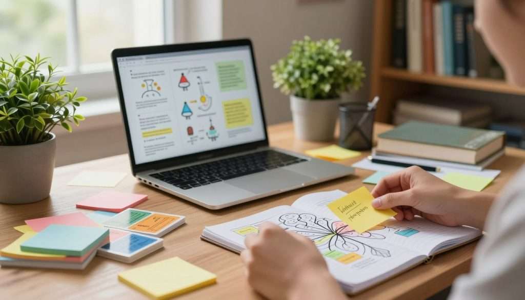 An artistic representation of a desk cluttered with various memory cues, such as colorful sticky notes, flashcards, and a mind map sketched on a notepad. In the foreground, a pair of hands are actively engaged in organizing these cues, demonstrating a dynamic learning process. In the middle ground, a laptop screen displays diagrams of mnemonic devices and visual aids, surrounded by vibrant plants that symbolize growth and memory. The background features soft, warm lighting filtering through a window, creating a cozy yet focused atmosphere. A bookshelf filled with educational titles looms softly out of focus, amplifying the theme of knowledge retention. The overall mood is inspiring and productive, inviting viewers to explore techniques for enhancing memory.