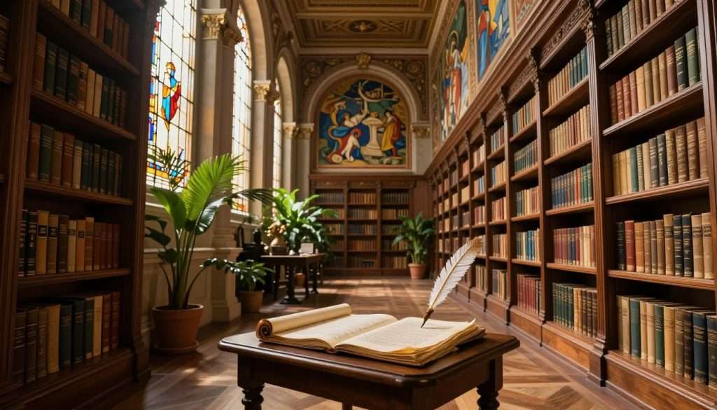An intricately designed memory palace interior, showcasing a grand hallway lined with ornate wooden shelves brimming with books and artifacts. The foreground features a small table with an open scroll and quill, symbolizing the process of placing information within the palace. In the middle ground, lush plants adorn the hallway, while soft golden light filters through stained-glass windows, creating a warm and inviting atmosphere. The background reveals majestic towering columns and exquisite murals depicting various subjects like science, art, and history. The scene is viewed from a slightly low angle to emphasize the grandeur of the architecture. The overall mood is one of focus and inspiration, encouraging a sense of enlightenment and mental clarity.