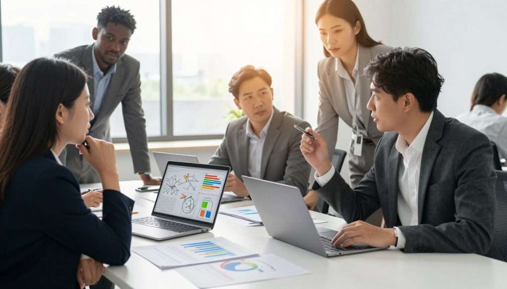 In a bright, modern office setting, a diverse group of professionals in business attire are engaged in a lively discussion around a large table. In the foreground, a thoughtful woman gestures with a pen in hand, symbolizing critical thinking. In the middle, a man analyzes a complex diagram on a laptop, while another person examines colorful charts spread across the table, fostering collaboration. In the background, large windows let in warm, natural sunlight, creating an inviting atmosphere, enhanced by soft shadows. The scene captures an energetic and dynamic environment, where ideas flow freely, embodying the essence of applying knowledge to strengthen critical thinking skills. In a bright, modern office setting, a diverse group of professionals in business attire are engaged in a lively discussion around a large table. In the foreground, a thoughtful woman gestures with a pen in hand, symbolizing critical thinking. In the middle, a man analyzes a complex diagram on a laptop, while another person examines colorful charts spread across the table, fostering collaboration. In the background, large windows let in warm, natural sunlight, creating an inviting atmosphere, enhanced by soft shadows. The scene captures an energetic and dynamic environment, where ideas flow freely, embodying the essence of applying knowledge to strengthen critical thinking skills.